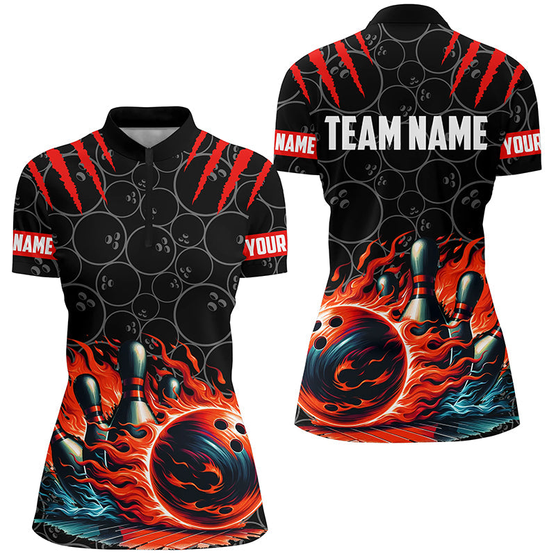 Womens Quarter Zip shirts Custom black red flame bowling shirt, Bowling team Jerseys gift for bowlers NQS7126