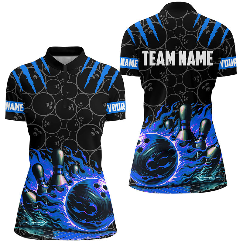 Womens Quarter Zip shirts Custom black blue flame bowling shirt, Bowling team Jerseys gift for bowlers NQS7127