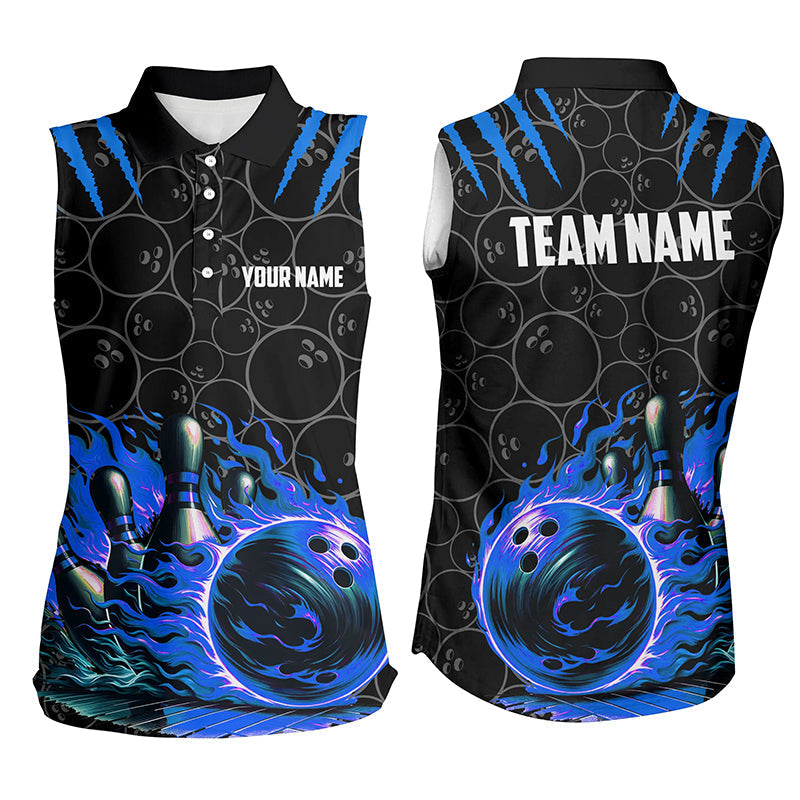 Women sleeveless polo shirts Custom black blue flame bowling shirt, Bowling Jerseys gift for bowlers NQS7127