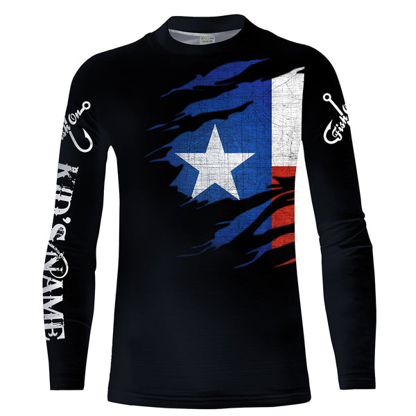 TX fishing fish on black Texas flag Customize name long sleeves fishing shirts NQS1582