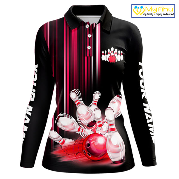 Black and red light Women bowling Polo, Quarter Zip Shirt Custom bowling ball and pins Team jerseys NQS9828