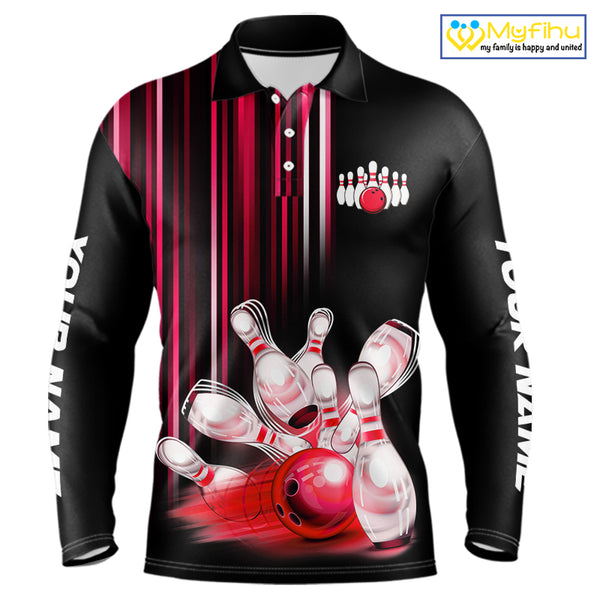 Black and red light Men bowling Polo, Quarter Zip Shirt Custom bowling ball and pins Team jerseys NQS9828