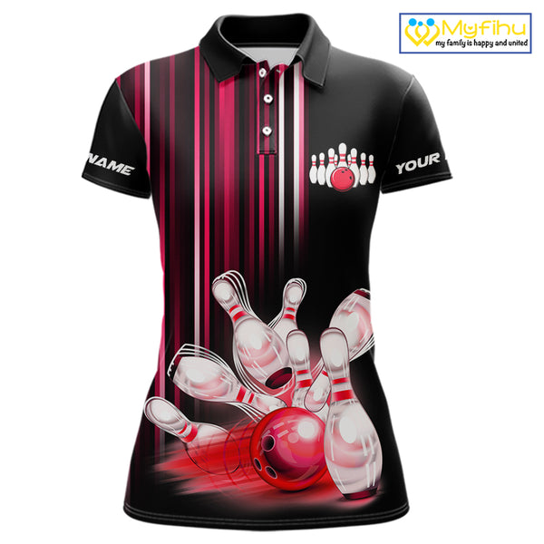 Black and red light Women bowling Polo, Quarter Zip Shirt Custom bowling ball and pins Team jerseys NQS9828