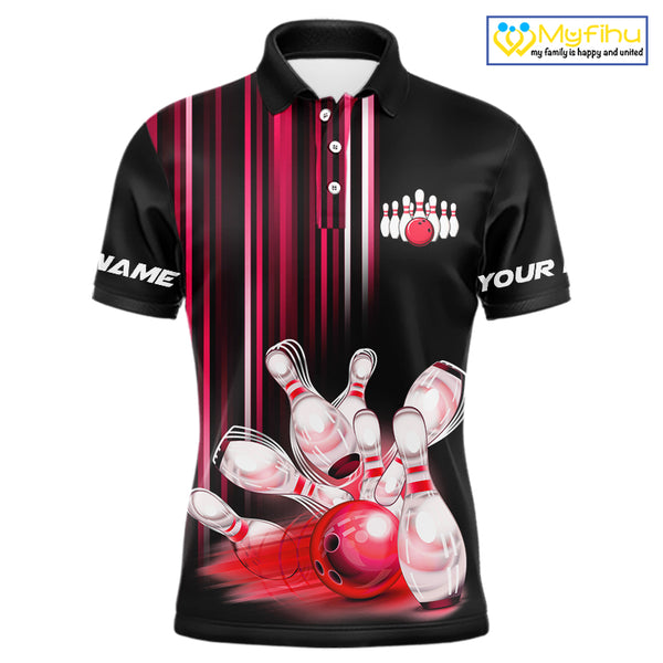 Black and red light Men bowling Polo, Quarter Zip Shirt Custom bowling ball and pins Team jerseys NQS9828