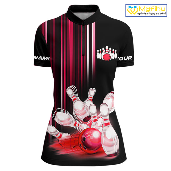Black and red light Women bowling Polo, Quarter Zip Shirt Custom bowling ball and pins Team jerseys NQS9828