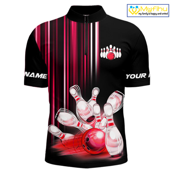 Black and red light Men bowling Polo, Quarter Zip Shirt Custom bowling ball and pins Team jerseys NQS9828