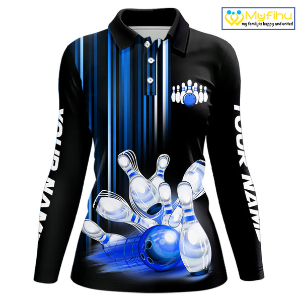 Black and blue light Women bowling Polo, Quarter Zip Shirt Custom bowling ball and pins Team jerseys NQS9829