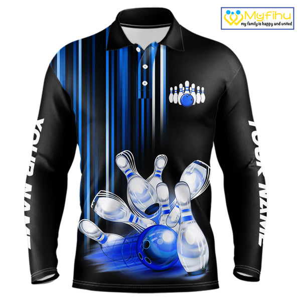 Black and blue light Men bowling Polo, Quarter Zip Shirt Custom bowling ball and pins Team jerseys NQS9829