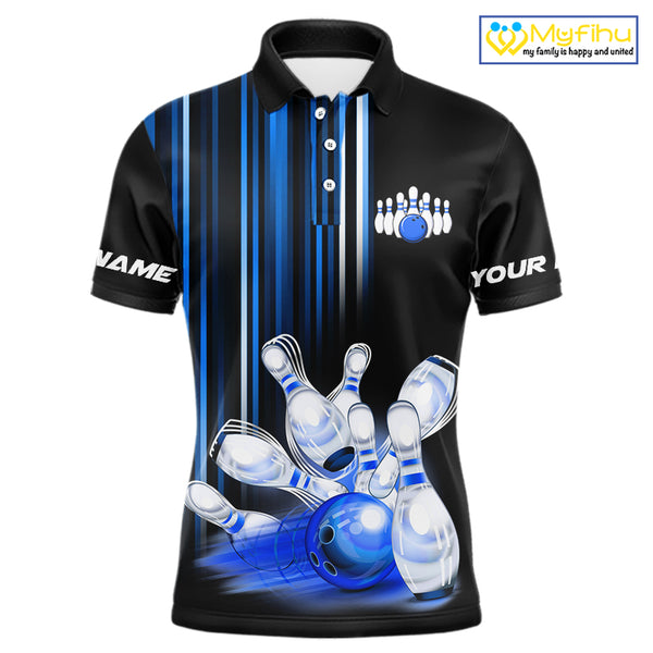 Black and blue light Men bowling Polo, Quarter Zip Shirt Custom bowling ball and pins Team jerseys NQS9829