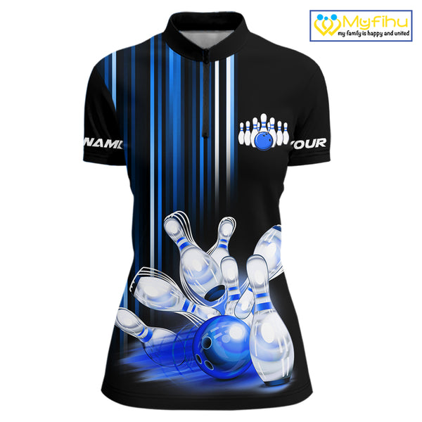 Black and blue light Women bowling Polo, Quarter Zip Shirt Custom bowling ball and pins Team jerseys NQS9829