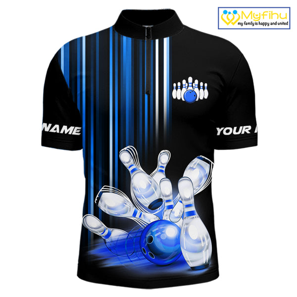 Black and blue light Men bowling Polo, Quarter Zip Shirt Custom bowling ball and pins Team jerseys NQS9829