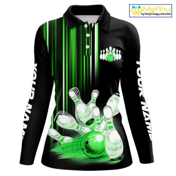 Black and Green light Women bowling Polo, Quarter Zip Shirt Custom bowling ball and pins Team jerseys NQS9830