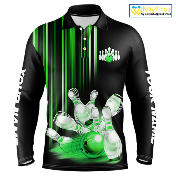 Black and Green light Men bowling Polo, Quarter Zip Shirt Custom bowling ball and pins Team jerseys NQS9830