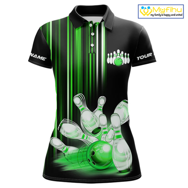 Black and Green light Women bowling Polo, Quarter Zip Shirt Custom bowling ball and pins Team jerseys NQS9830