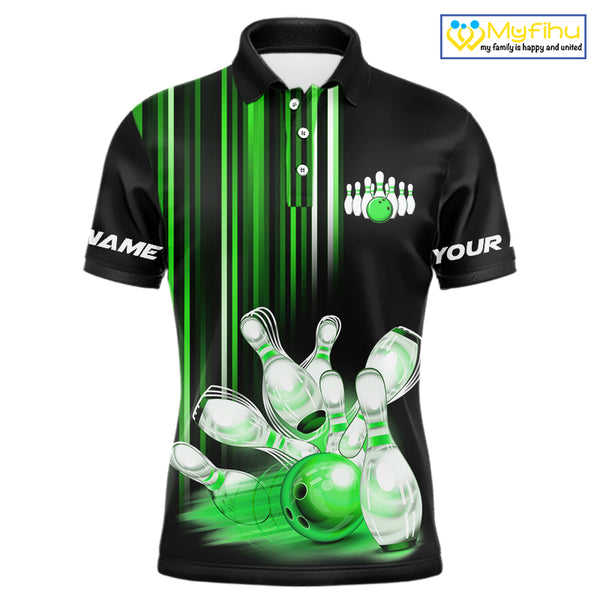 Black and Green light Men bowling Polo, Quarter Zip Shirt Custom bowling ball and pins Team jerseys NQS9830