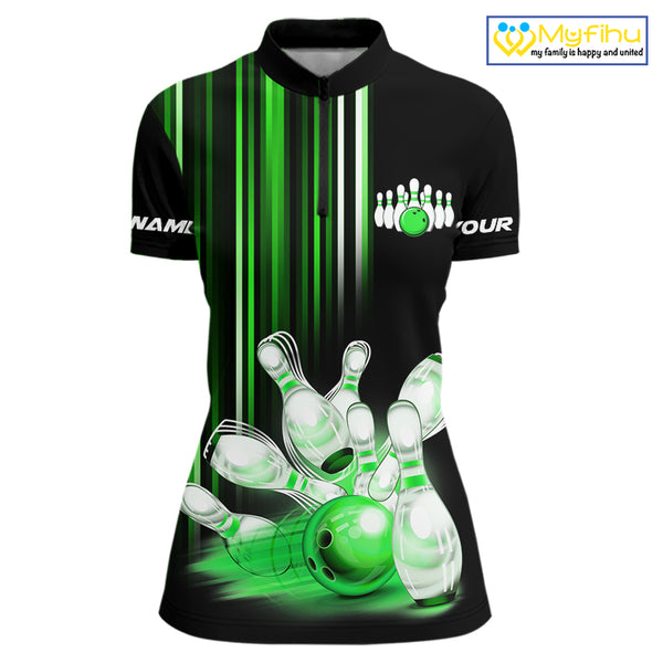 Black and Green light Women bowling Polo, Quarter Zip Shirt Custom bowling ball and pins Team jerseys NQS9830