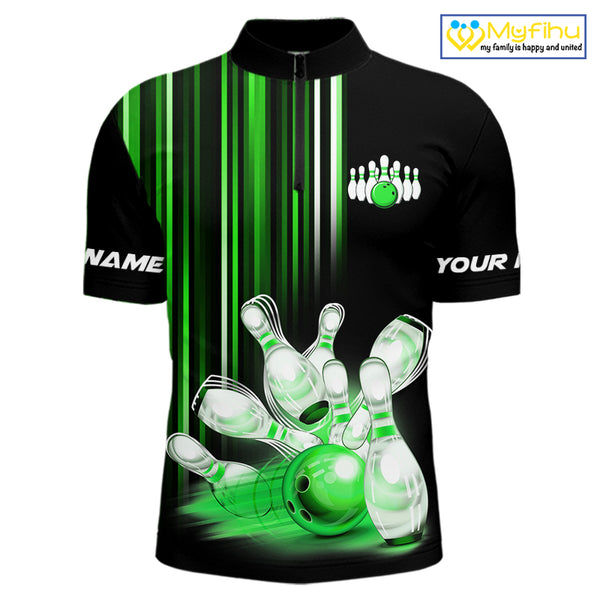 Black and Green light Men bowling Polo, Quarter Zip Shirt Custom bowling ball and pins Team jerseys NQS9830