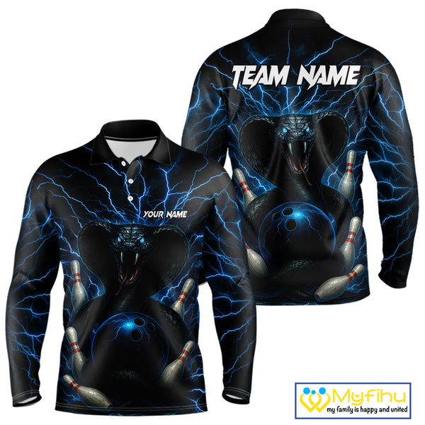 Personalized Blue Thunder Lightning Cobra Snake Bowling Shirt For Men, Custom Name Bowling Team Jersey NQS9834