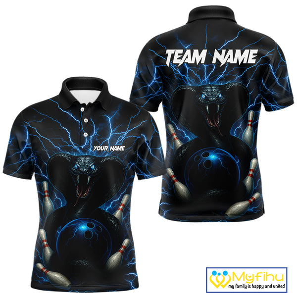 Personalized Blue Thunder Lightning Cobra Snake Bowling Shirt For Men, Custom Name Bowling Team Jersey NQS9834