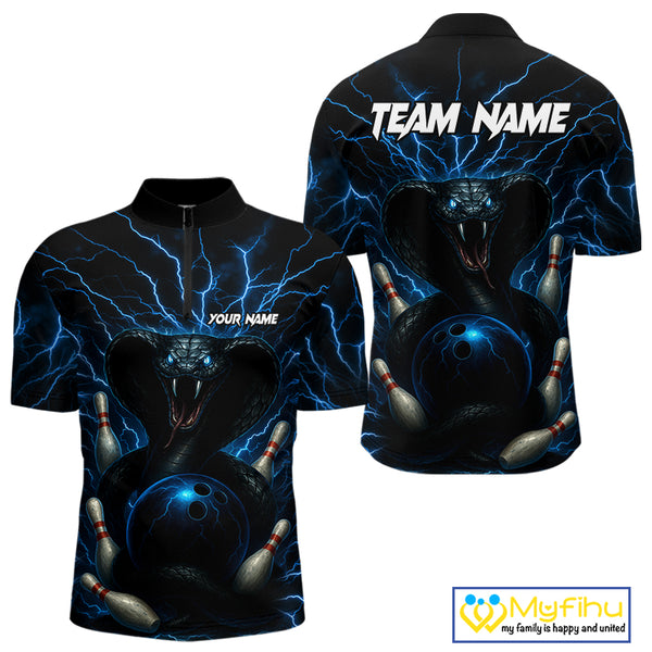 Personalized Blue Thunder Lightning Cobra Snake Bowling Shirt For Men, Custom Name Bowling Team Jersey NQS9834