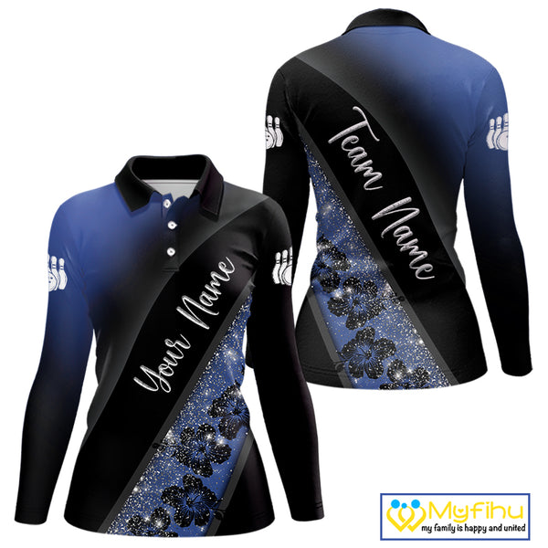 Black and Blue Glitter Flower Bowling Polo, Quarter Zip Shirt for Women Custom Bowling Team Jerseys NQS10383