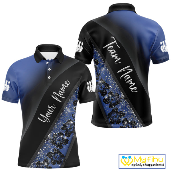 Black and Blue Glitter Flower Bowling Polo, Quarter Zip Shirt for Men Custom Bowling Team Jerseys NQS10383