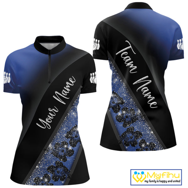 Black and Blue Glitter Flower Bowling Polo, Quarter Zip Shirt for Women Custom Bowling Team Jerseys NQS10383