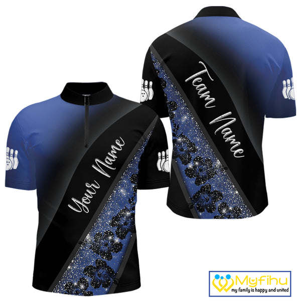 Black and Blue Glitter Flower Bowling Polo, Quarter Zip Shirt for Men Custom Bowling Team Jerseys NQS10383