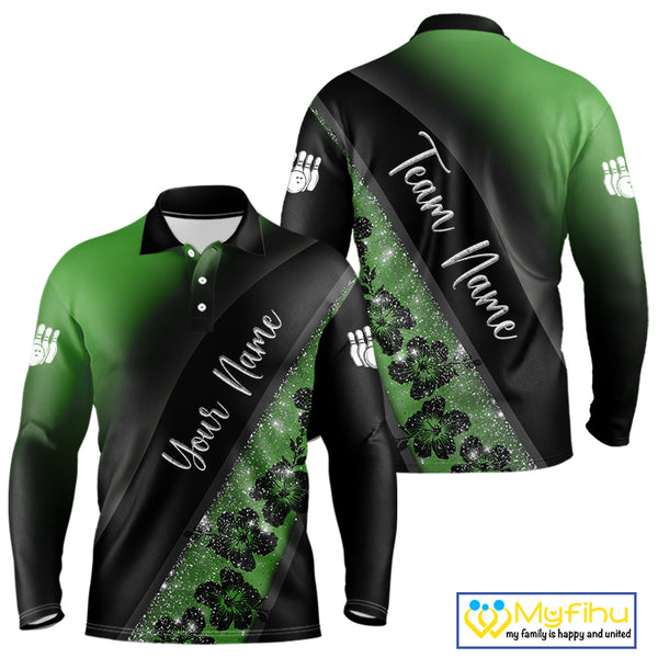 Black and Green Glitter Flower Bowling Polo, Quarter Zip Shirt for Men Custom Bowling Team Jerseys NQS10384