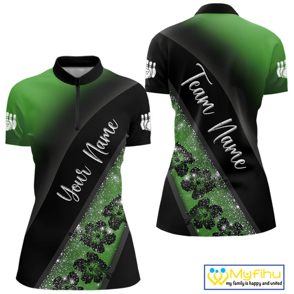 Black and Green Glitter Flower Bowling Polo, Quarter Zip Shirt for Women Custom Bowling Team Jerseys NQS10384