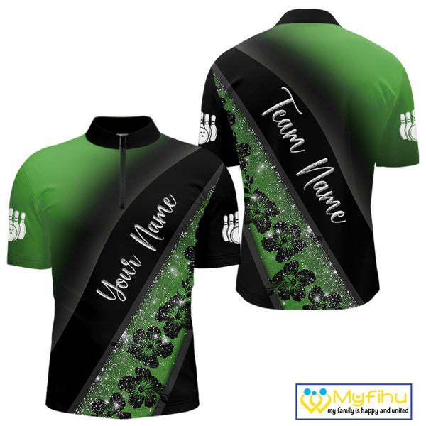 Black and Green Glitter Flower Bowling Polo, Quarter Zip Shirt for Men Custom Bowling Team Jerseys NQS10384