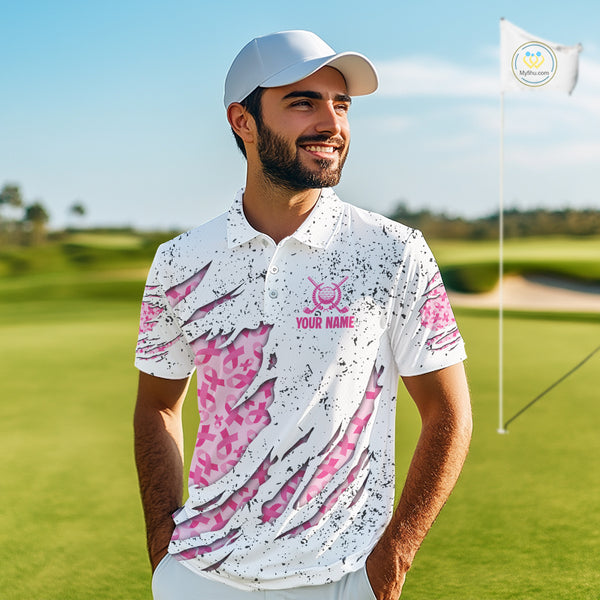 Pink ribbon white grunge pattern Mens golf polo shirt custom breast cancer awareness mens golf top NQS10386