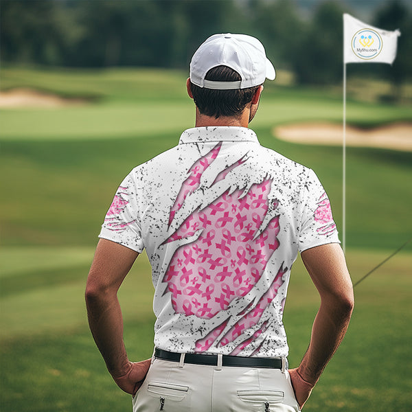 Pink ribbon white grunge pattern Mens golf polo shirt custom breast cancer awareness mens golf top NQS10386