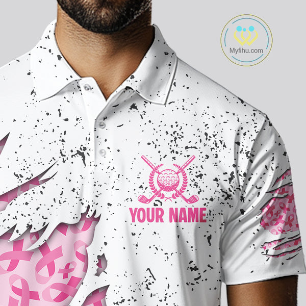 Pink ribbon white grunge pattern Mens golf polo shirt custom breast cancer awareness mens golf top NQS10386