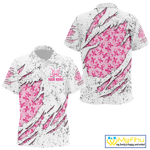 Pink ribbon white grunge pattern Kid golf polo shirt custom breast cancer awareness Kid golf top NQS10386