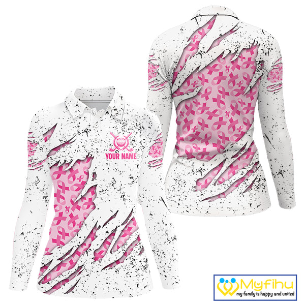 Pink ribbon white grunge pattern Women golf polo shirt custom breast cancer awareness ladies golf top NQS10386