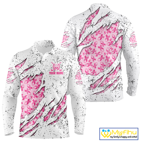 Pink ribbon white grunge pattern Mens golf polo shirt custom breast cancer awareness mens golf top NQS10386