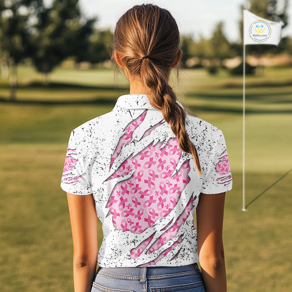 Pink ribbon white grunge pattern Women golf polo shirt custom breast cancer awareness ladies golf top NQS10386