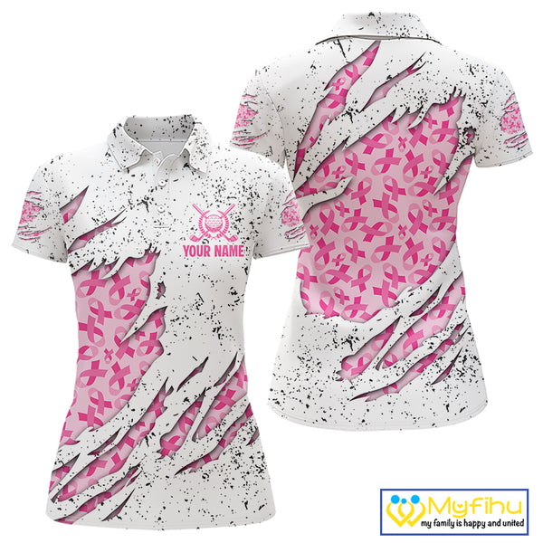 Pink ribbon white grunge pattern Women golf polo shirt custom breast cancer awareness ladies golf top NQS10386