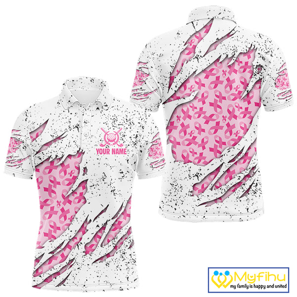Pink ribbon white grunge pattern Mens golf polo shirt custom breast cancer awareness mens golf top NQS10386