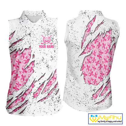 Pink ribbon white grunge pattern Women Sleeveless Polo Shirt custom breast cancer awareness golf top NQS10386