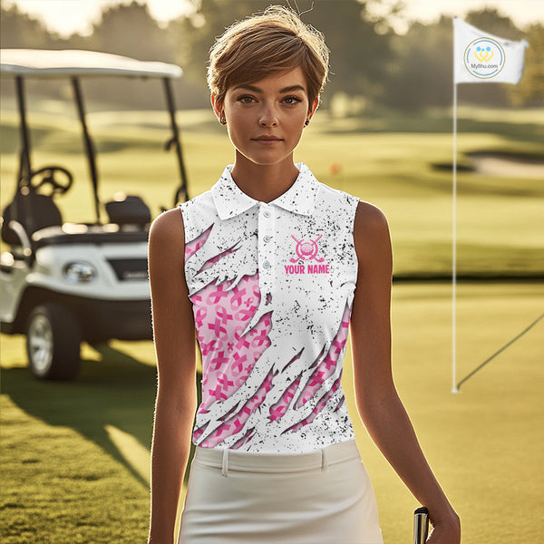 Pink ribbon white grunge pattern Women Sleeveless Polo Shirt custom breast cancer awareness golf top NQS10386