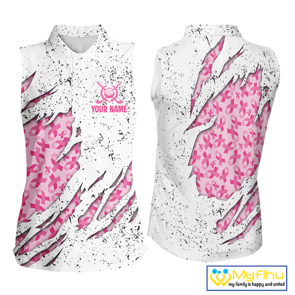 Pink ribbon white grunge pattern Women Sleeveless Polo Shirt custom breast cancer awareness golf top NQS10386