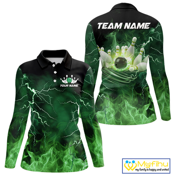 Women bowling shirts Custom green lightning thunder flame Bowling Team Jersey, gift for team Bowlers NQS10388