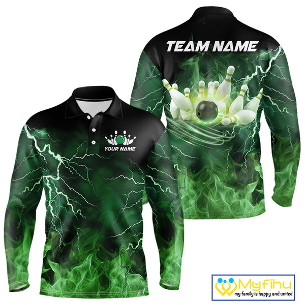 Mens bowling shirts Custom green lightning thunder flame Bowling Team Jersey, gift for team Bowlers NQS10388
