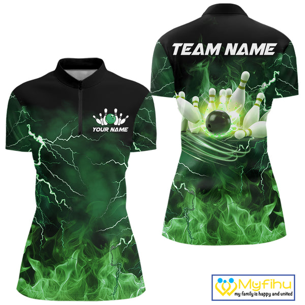 Women bowling shirts Custom green lightning thunder flame Bowling Team Jersey, gift for team Bowlers NQS10388