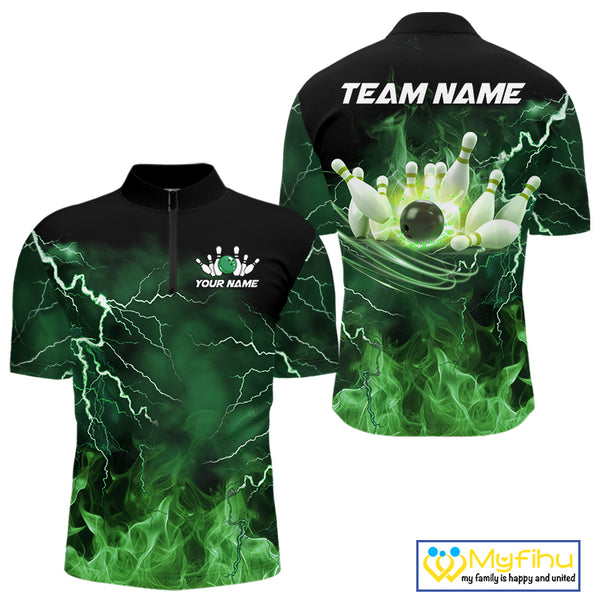 Mens bowling shirts Custom green lightning thunder flame Bowling Team Jersey, gift for team Bowlers NQS10388