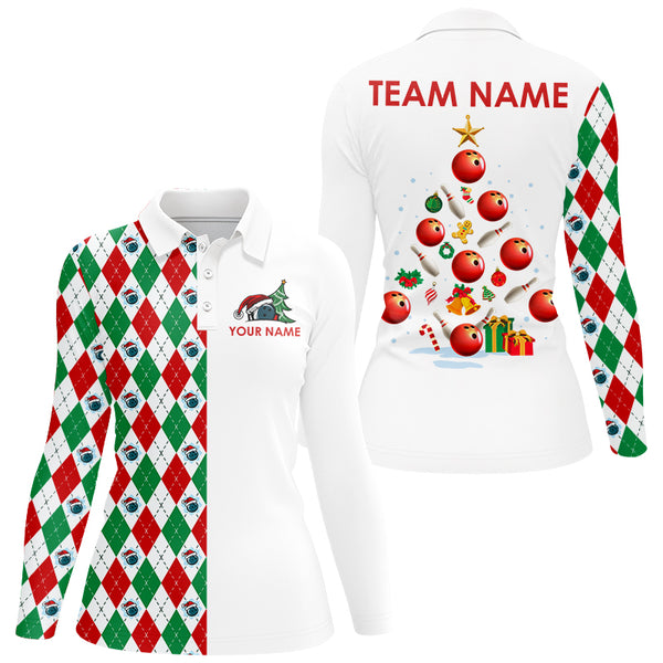 Red, Green and White argyle pattern Christmas tree Bowling Shirts for Women Custom Team Bowling jersey NQS8875