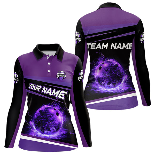 Black and Purple Lighting Flame Women Bowling Polo, Quarter Zip Shirt Custom Team bowling jerseys NQS9320
