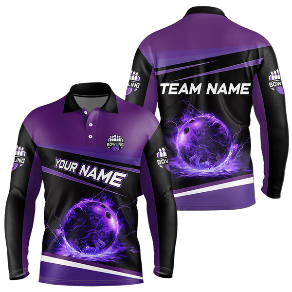 Black and Purple Lighting Flame Mens Bowling Polo, Quarter Zip Shirt Custom Team bowling jerseys NQS9320
